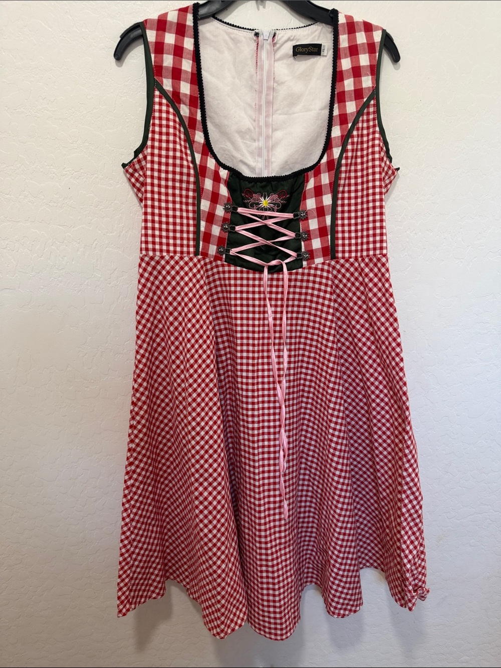 Red White Gingham Dirndl Dress Lace-Up Bodice XL Oktoberfest plaid waitress vtg